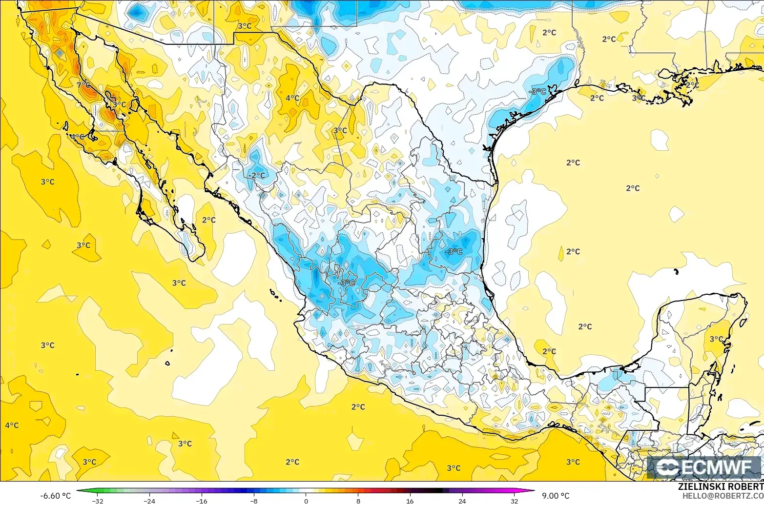 ECMWF IFS 0.25° model - Meksika, 2 m Sıcaklık Anomalisi