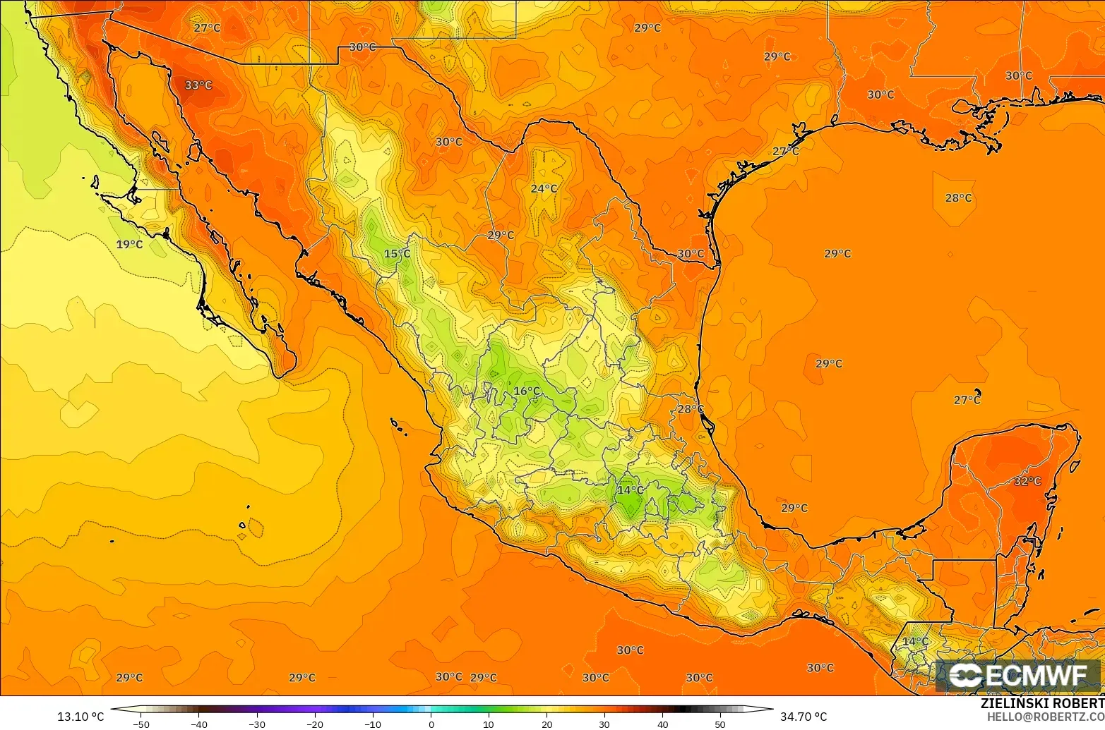 ECMWF IFS 0.25° model - Meksika, 2 m Sıcaklık