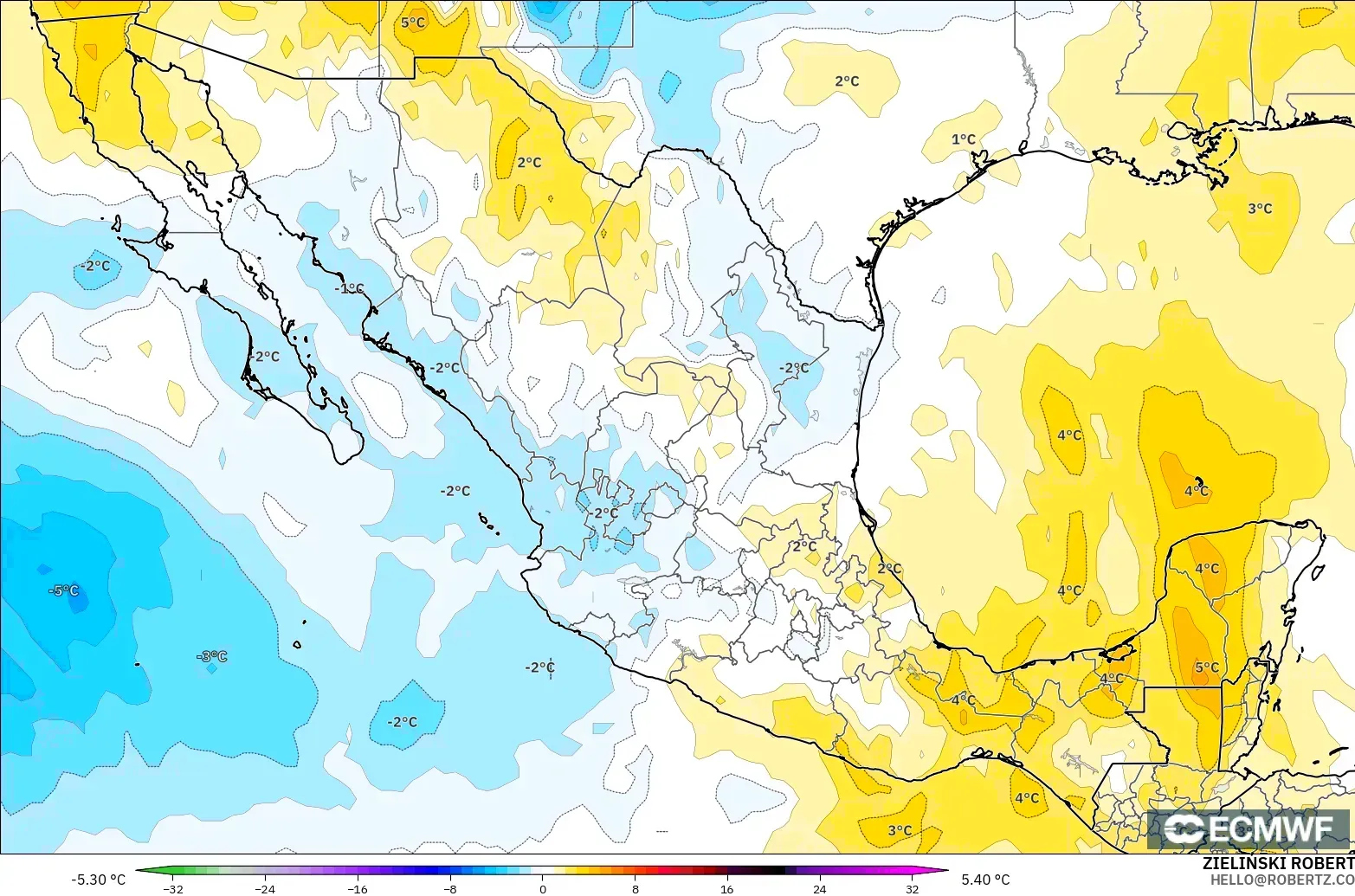 ECMWF IFS 0.25° model - Meksika, 850 hPa Sıcaklık Anomalisi