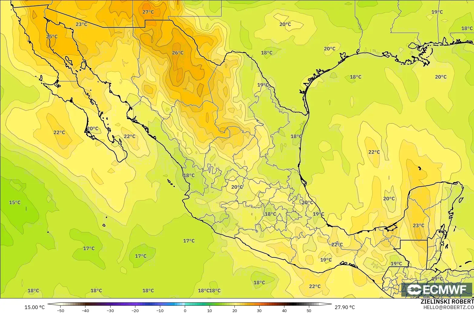 ECMWF IFS 0.25° model - Meksika, 850 hPa Sıcaklık