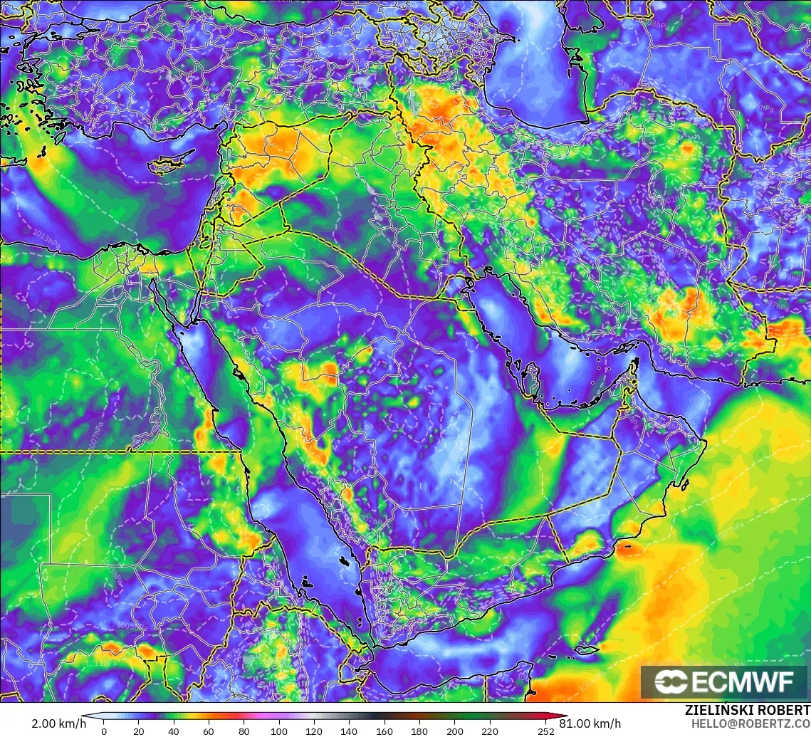ECMWF IFS 0.25° model - Orta Doğu, En Yüksek Rüzgâr