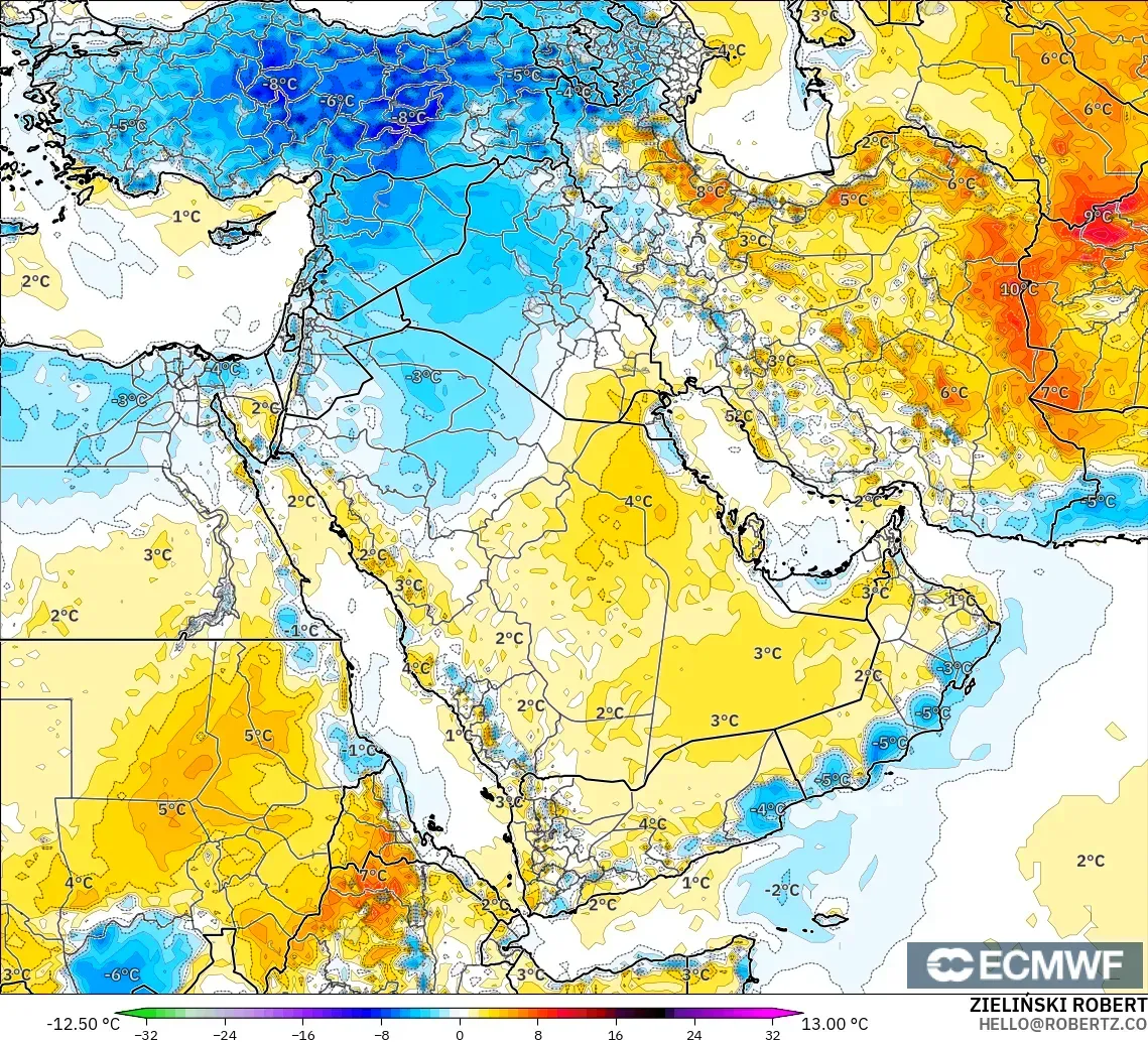 ECMWF IFS 0.25° model - Orta Doğu, 2 m Sıcaklık Anomalisi