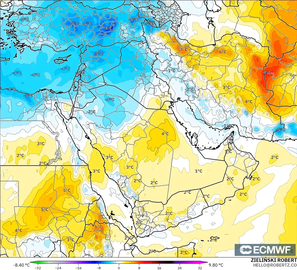 ECMWF IFS 0.25° model - Orta Doğu, 850 hPa Sıcaklık Anomalisi