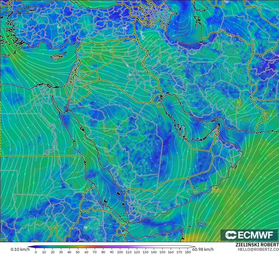 ECMWF IFS 0.25° model - Orta Doğu, 10 m Rüzgâr
