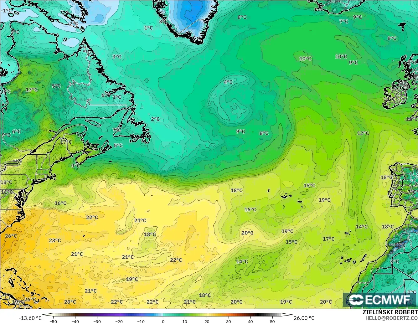 ECMWF IFS 0.25° model - Kuzey Atlantik, 2 m Çiy Noktası