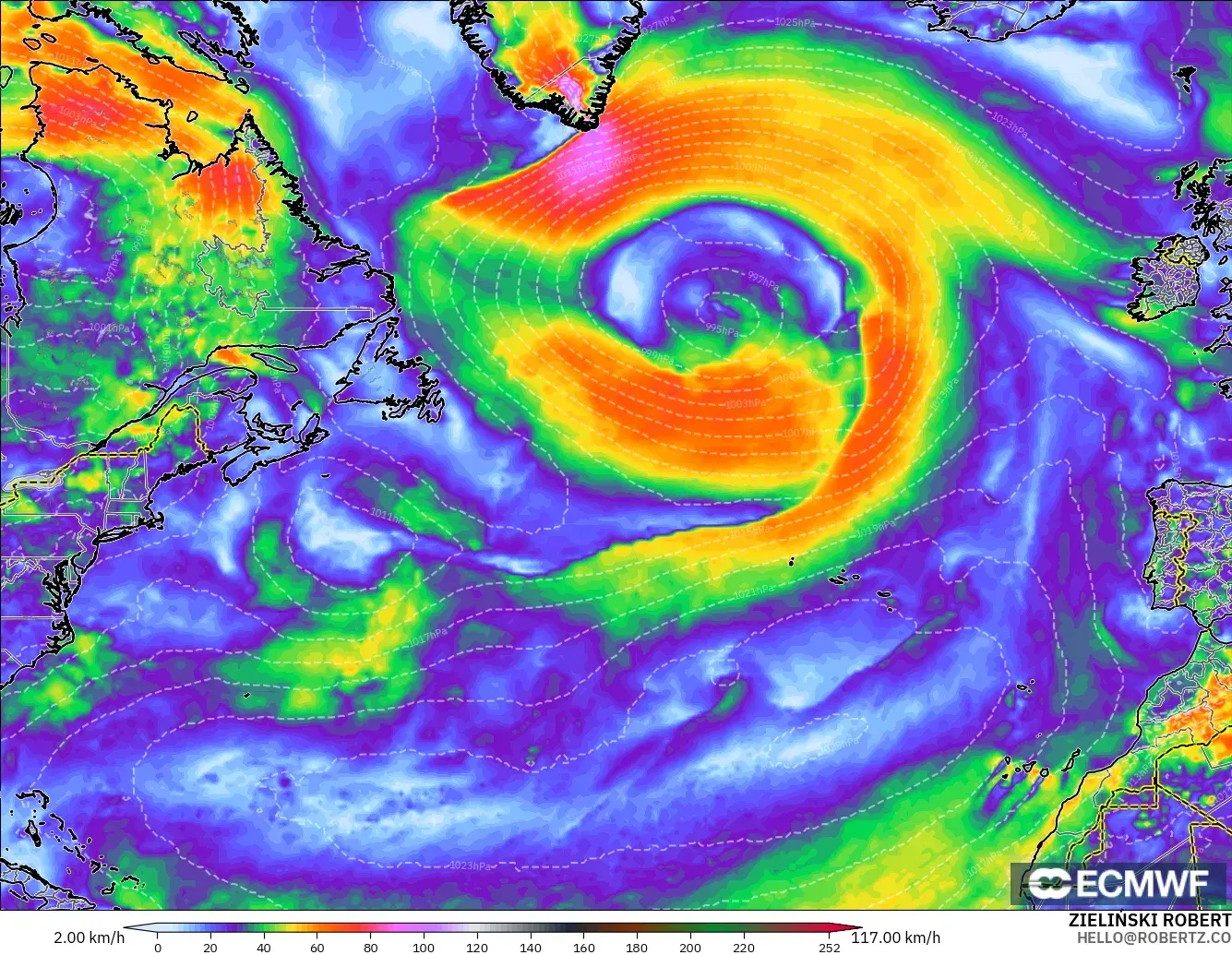 ECMWF IFS 0.25° model - Kuzey Atlantik, Rüzgâr Esintileri