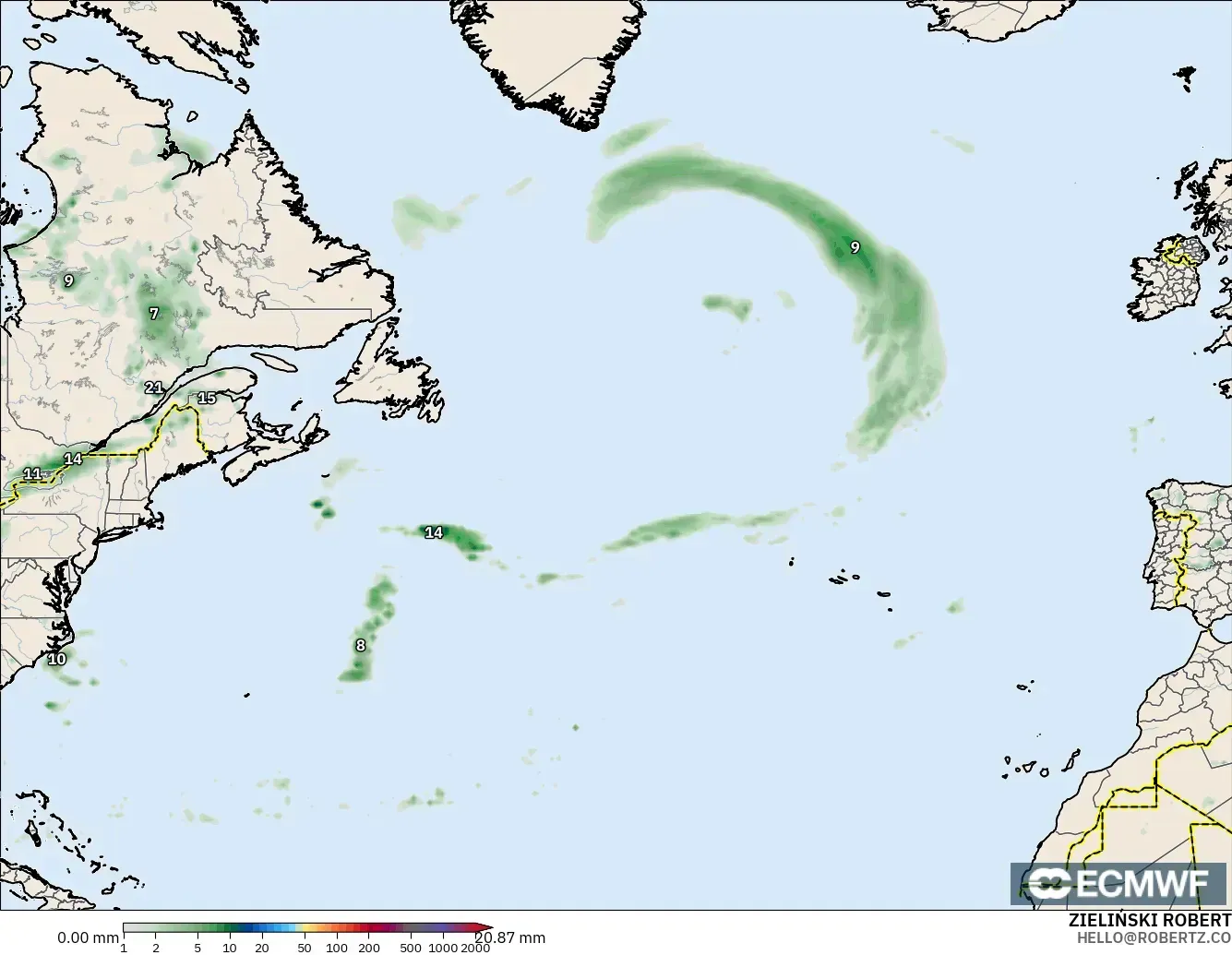 ECMWF IFS 0.25° model - Kuzey Atlantik, Yağış Birikimi