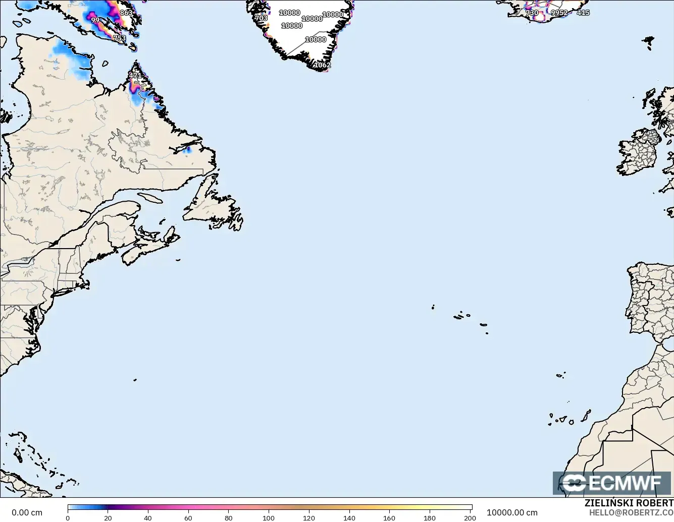 ECMWF IFS 0.25° model - Kuzey Atlantik, Kar Kalınlığı