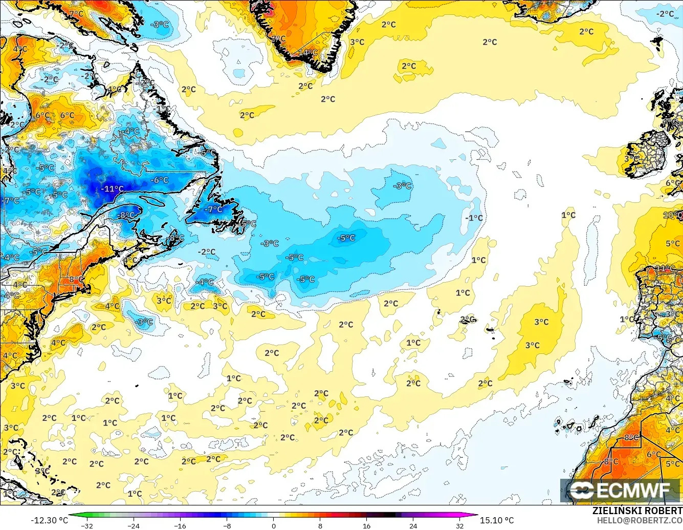 ECMWF IFS 0.25° model - Kuzey Atlantik, 2 m Sıcaklık Anomalisi