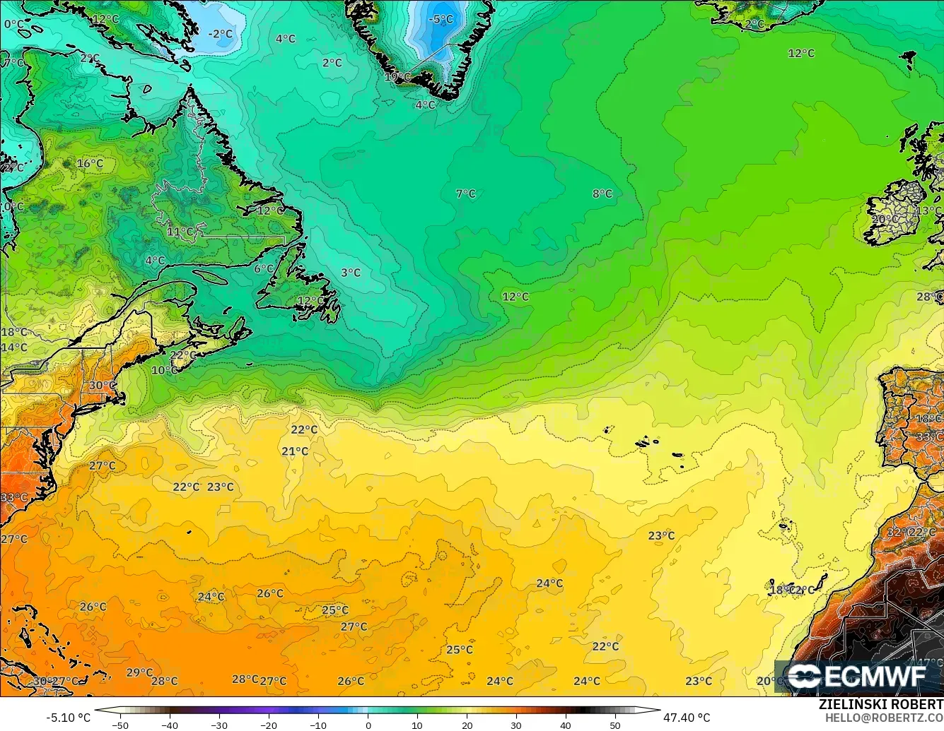 ECMWF IFS 0.25° model - Kuzey Atlantik, 2 m Sıcaklık