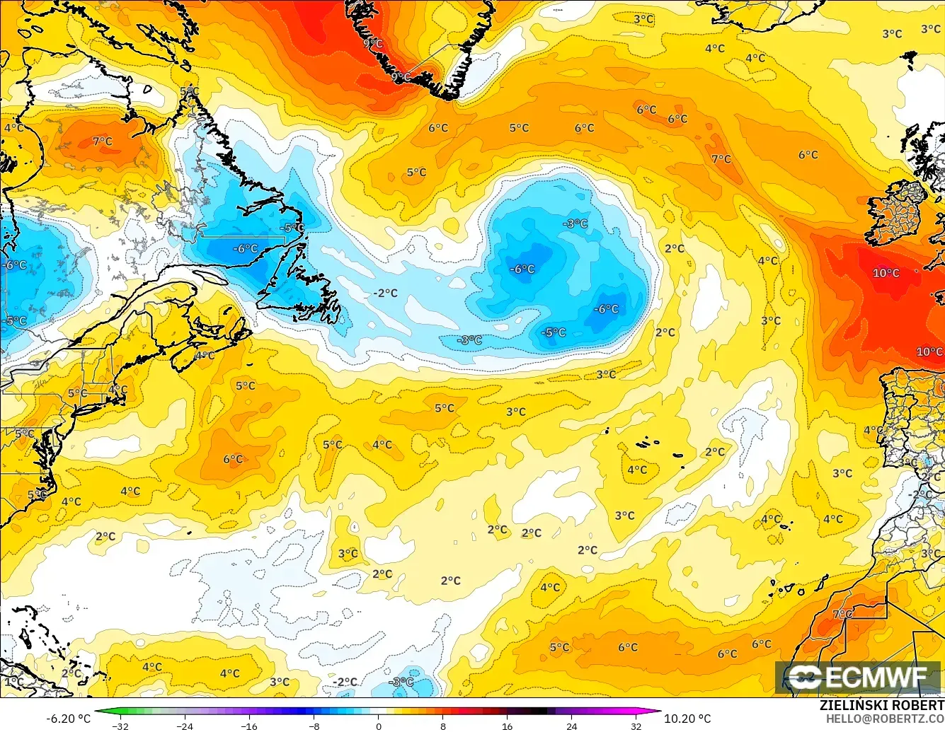 ECMWF IFS 0.25° model - Kuzey Atlantik, 850 hPa Sıcaklık Anomalisi