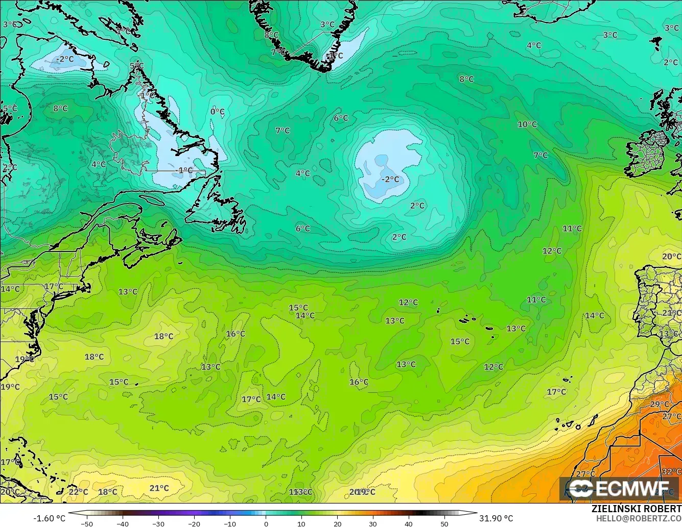 ECMWF IFS 0.25° model - Kuzey Atlantik, 850 hPa Sıcaklık