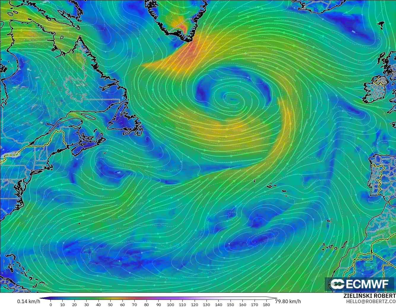ECMWF IFS 0.25° model - Kuzey Atlantik, 10 m Rüzgâr