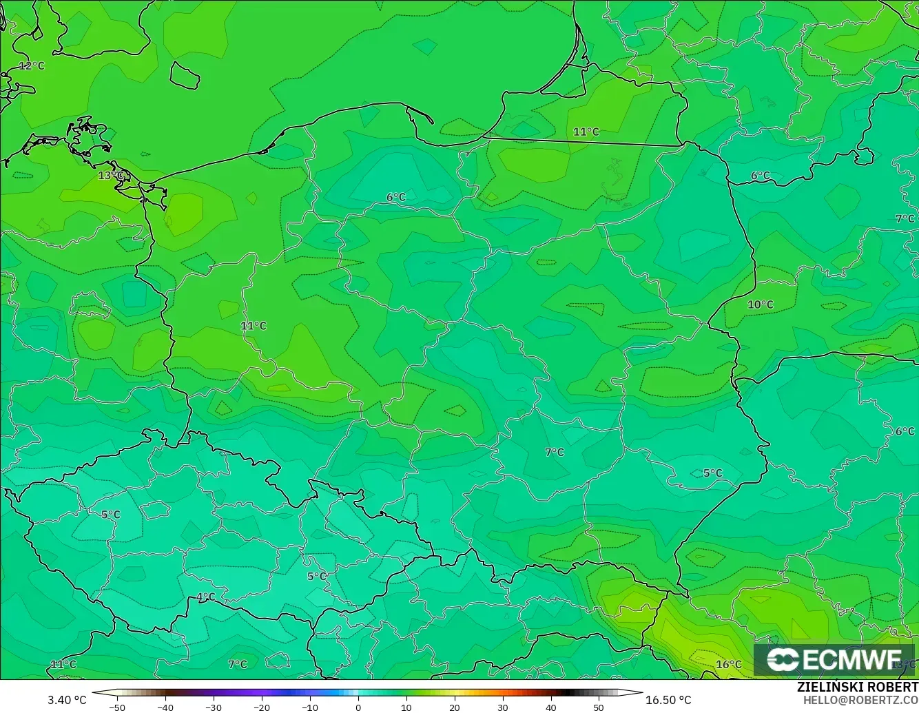 ECMWF IFS 0.25° model - Polonya, 2 m Çiy Noktası