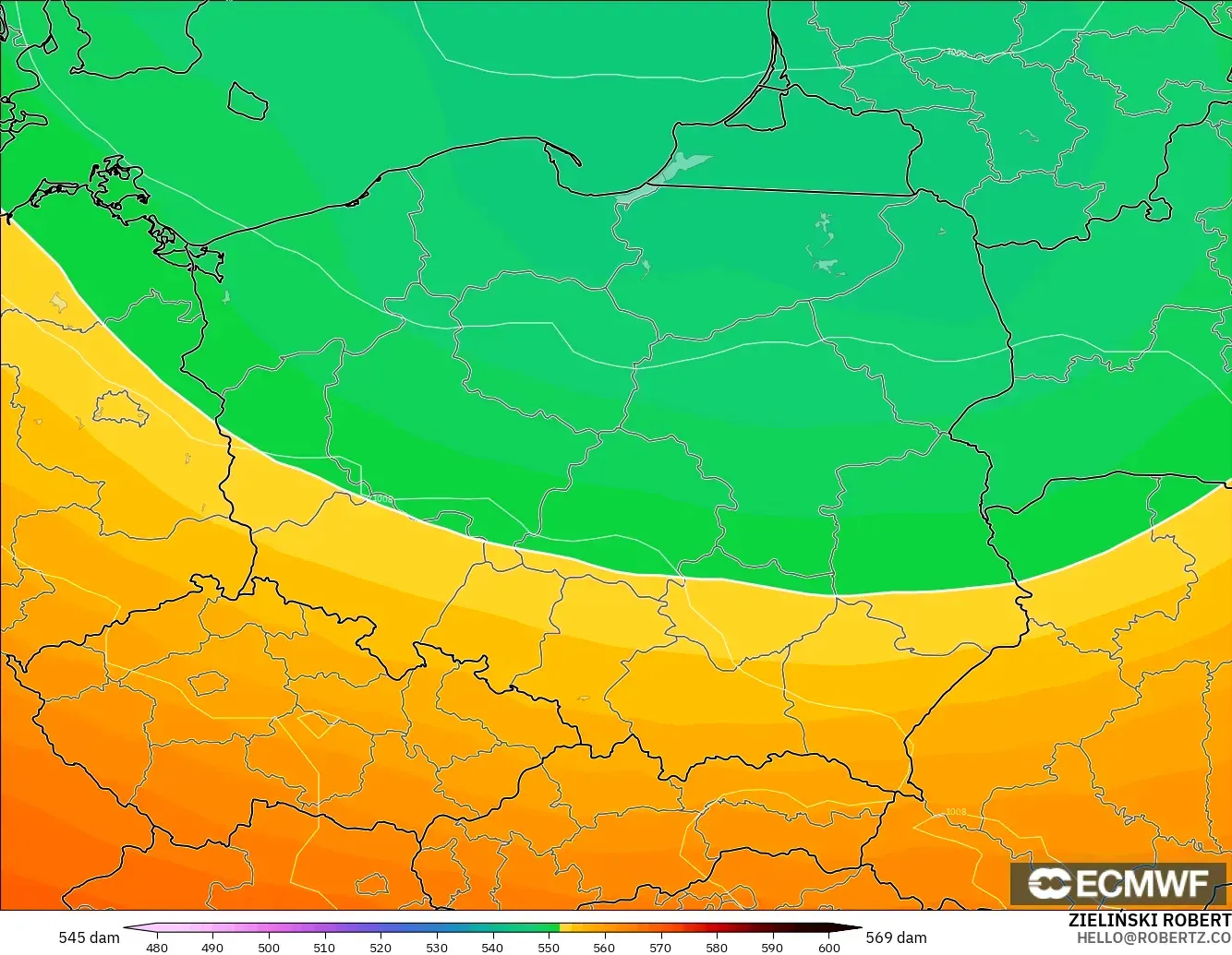 ECMWF IFS 0.25° model - Polonya, 500 hPa’da jeopotansiyel yükseklik