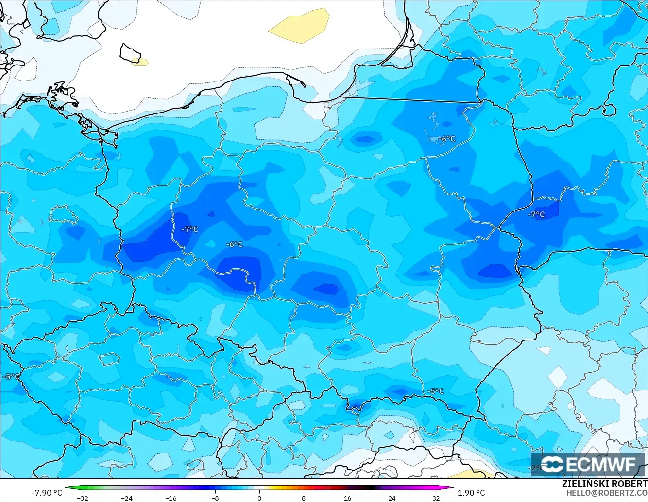 ECMWF IFS 0.25° model - Polonya, 2 m Sıcaklık Anomalisi