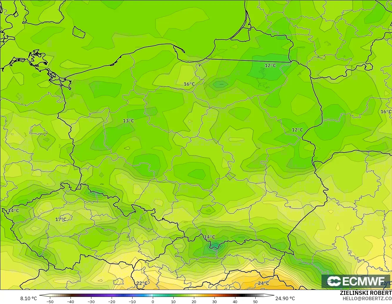 ECMWF IFS 0.25° model - Polonya, 2 m Sıcaklık