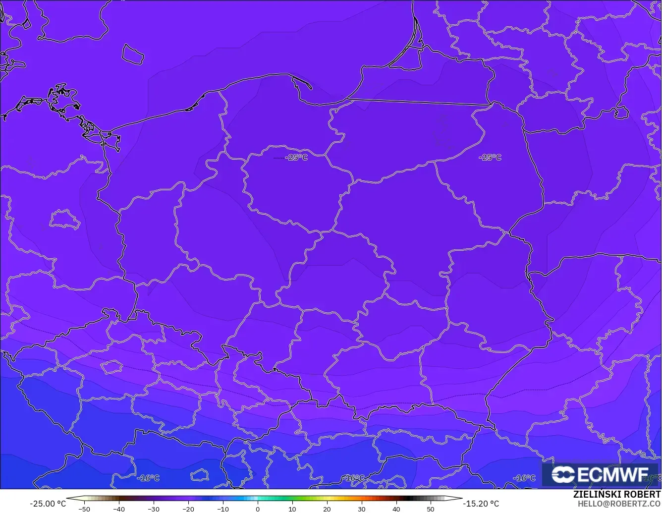 ECMWF IFS 0.25° model - Polonya, 500 hPa Sıcaklık