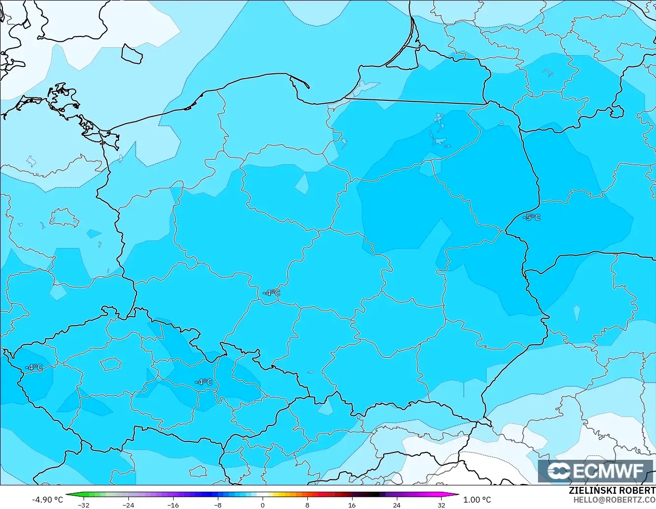 ECMWF IFS 0.25° model - Polonya, 850 hPa Sıcaklık Anomalisi