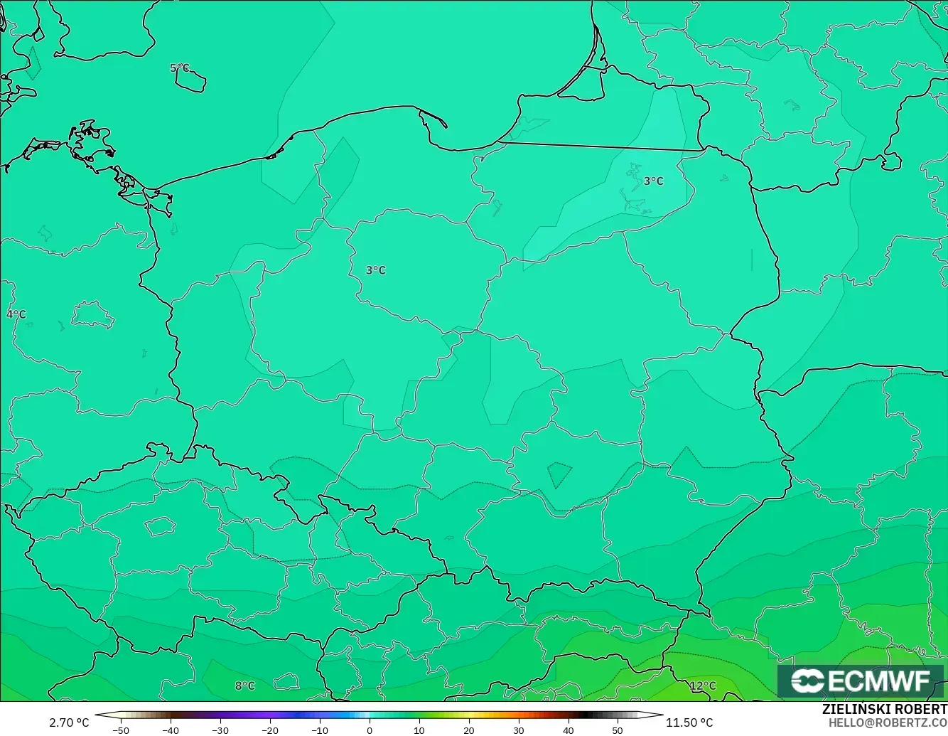 ECMWF IFS 0.25° model - Polonya, 850 hPa Sıcaklık
