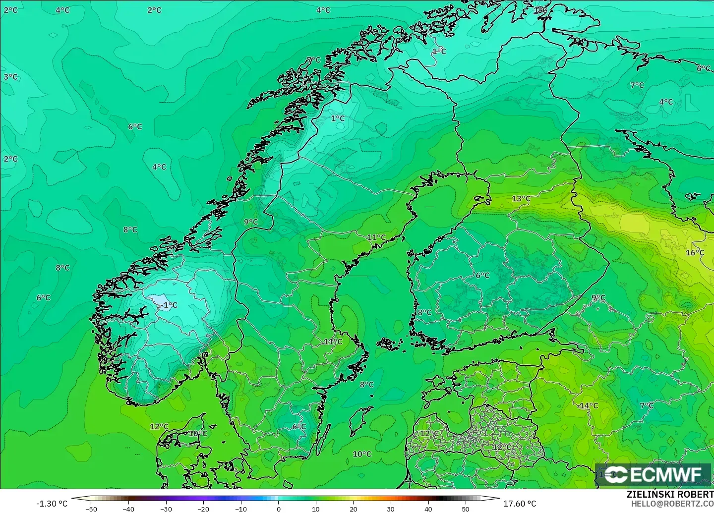 ECMWF IFS 0.25° model - İskandinavya, 2 m Çiy Noktası