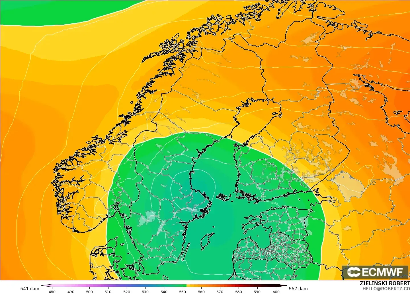 ECMWF IFS 0.25° model - İskandinavya, 500 hPa’da jeopotansiyel yükseklik