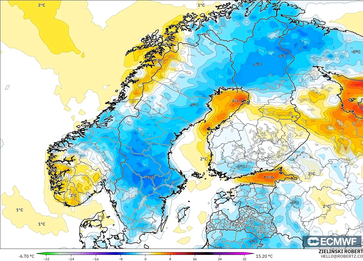ECMWF IFS 0.25° model - İskandinavya, 2 m Sıcaklık Anomalisi