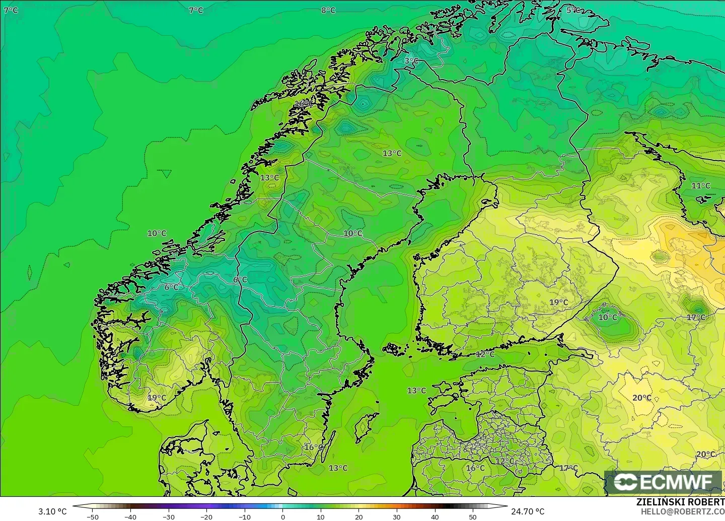 ECMWF IFS 0.25° model - İskandinavya, 2 m Sıcaklık