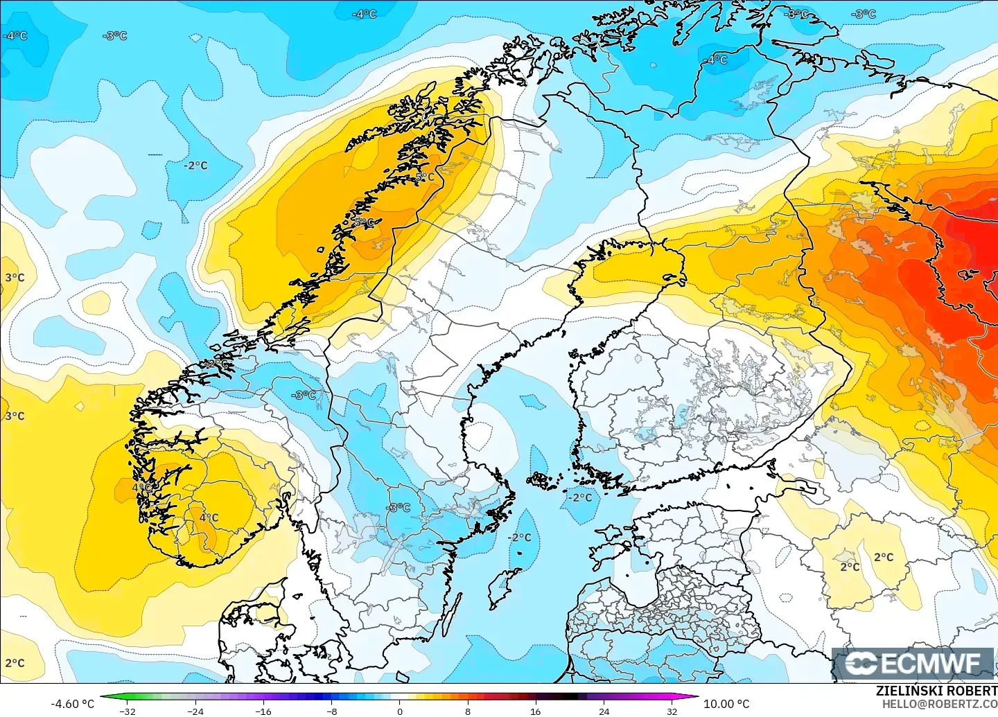 ECMWF IFS 0.25° model - İskandinavya, 850 hPa Sıcaklık Anomalisi