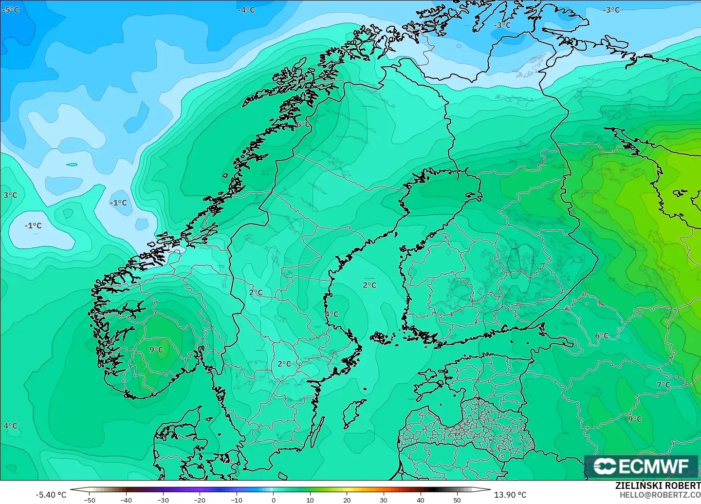 ECMWF IFS 0.25° model - İskandinavya, 850 hPa Sıcaklık