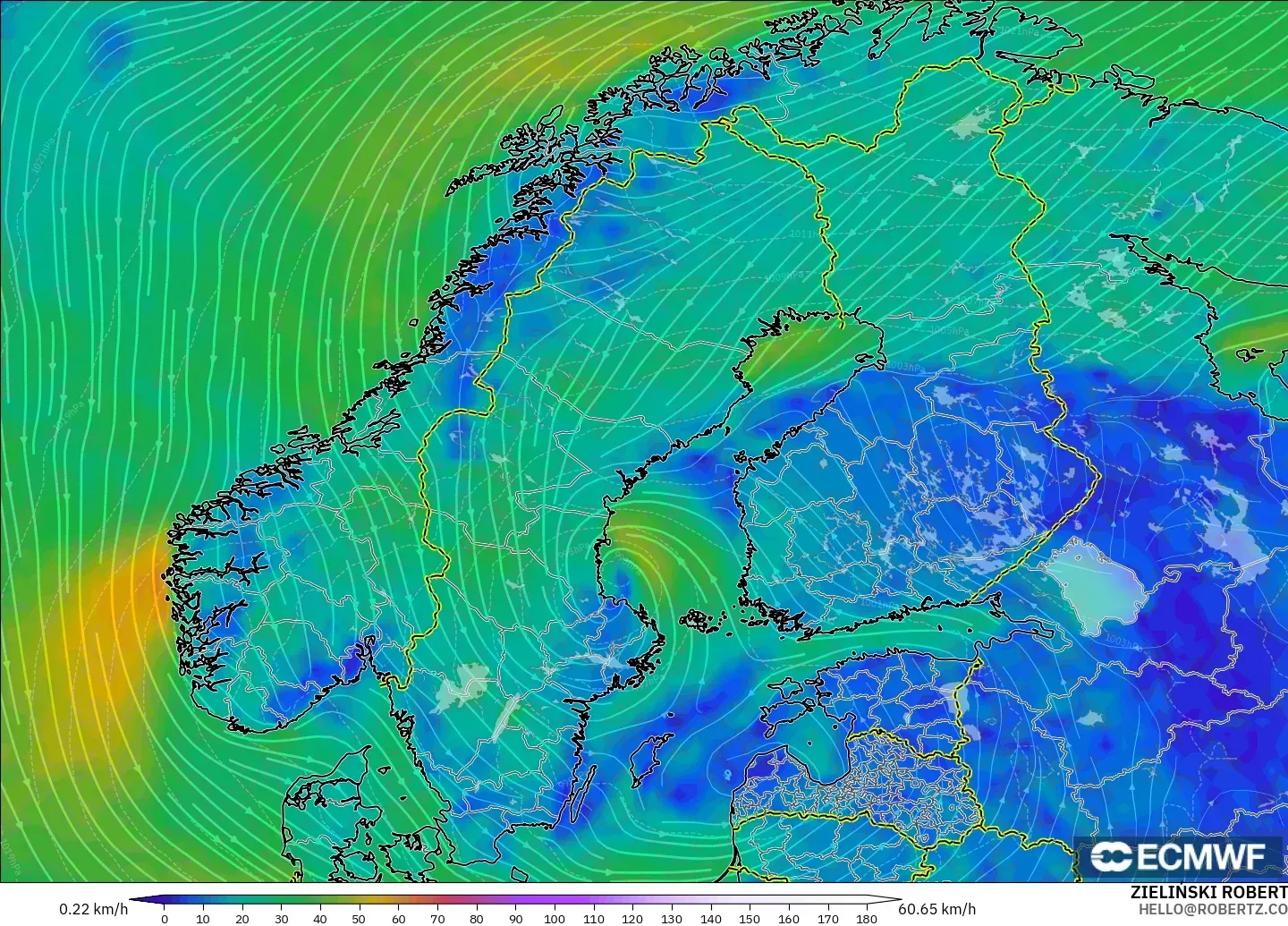 ECMWF IFS 0.25° model - İskandinavya, 10 m Rüzgâr