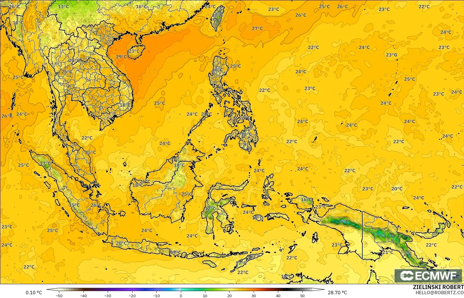 ECMWF IFS 0.25° model - Güneydoğu Asya, 2 m Çiy Noktası