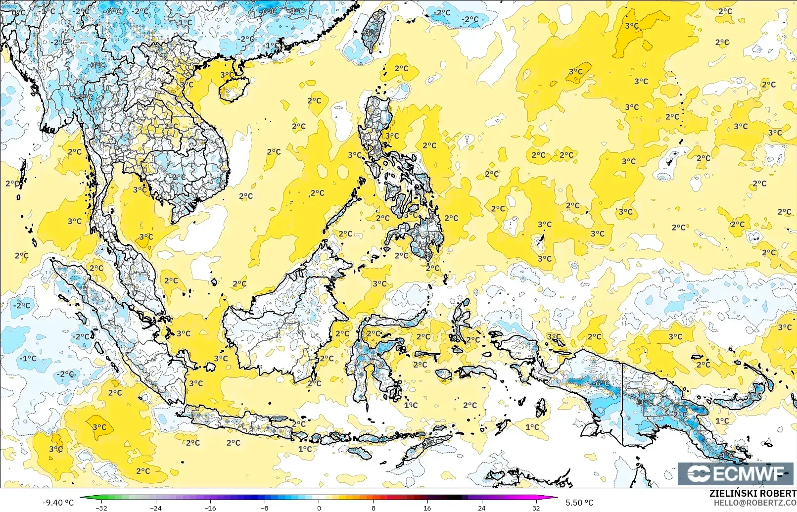 ECMWF IFS 0.25° model - Güneydoğu Asya, 2 m Sıcaklık Anomalisi