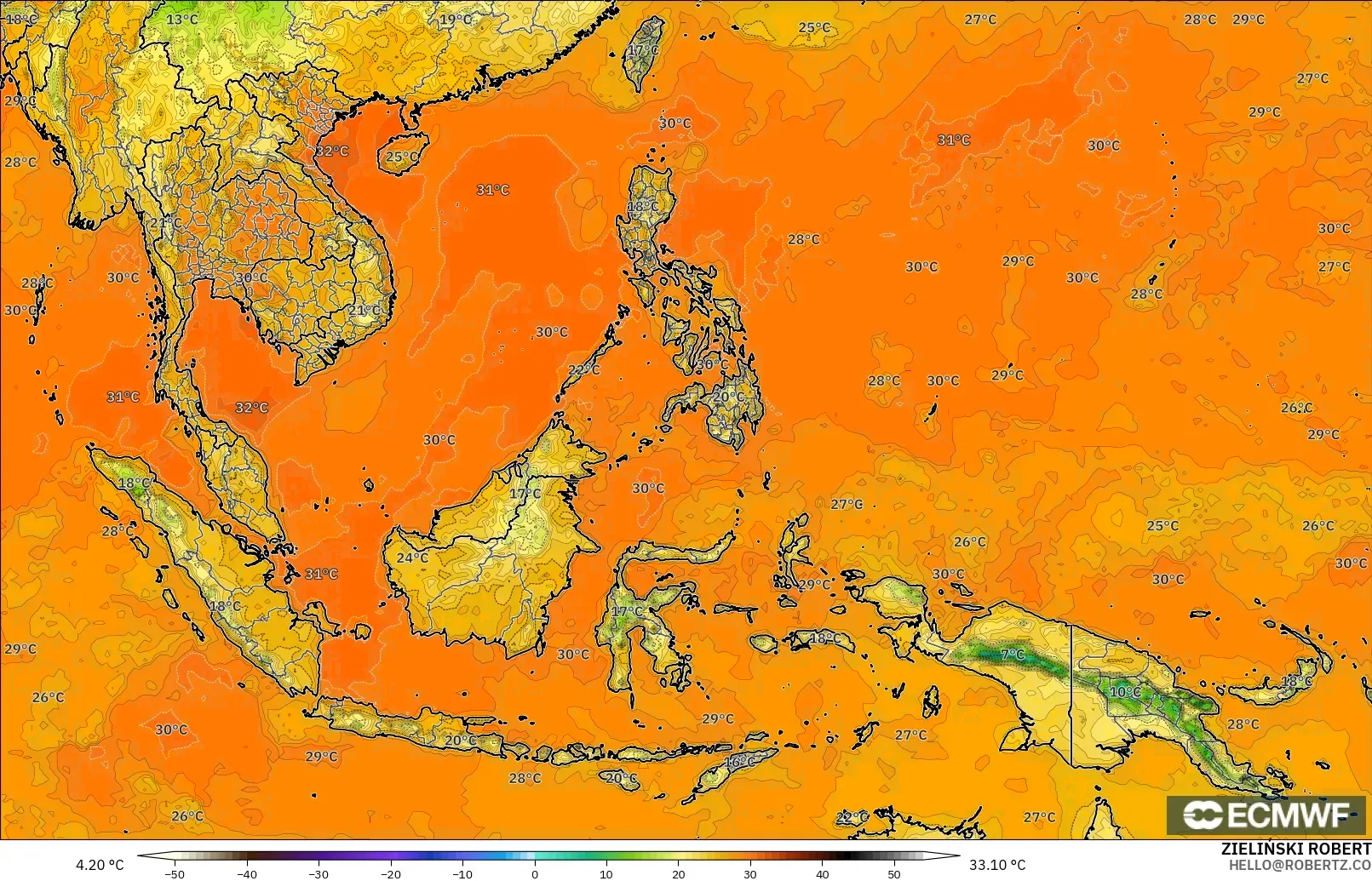 ECMWF IFS 0.25° model - Güneydoğu Asya, 2 m Sıcaklık