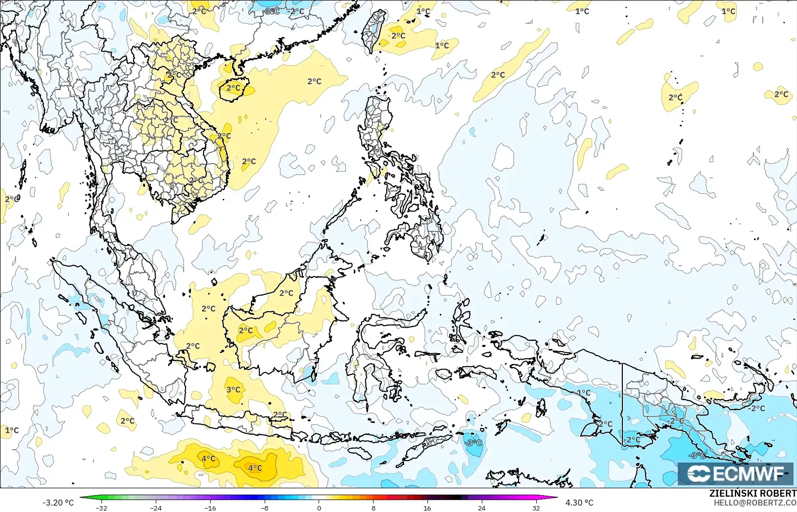 ECMWF IFS 0.25° model - Güneydoğu Asya, 850 hPa Sıcaklık Anomalisi