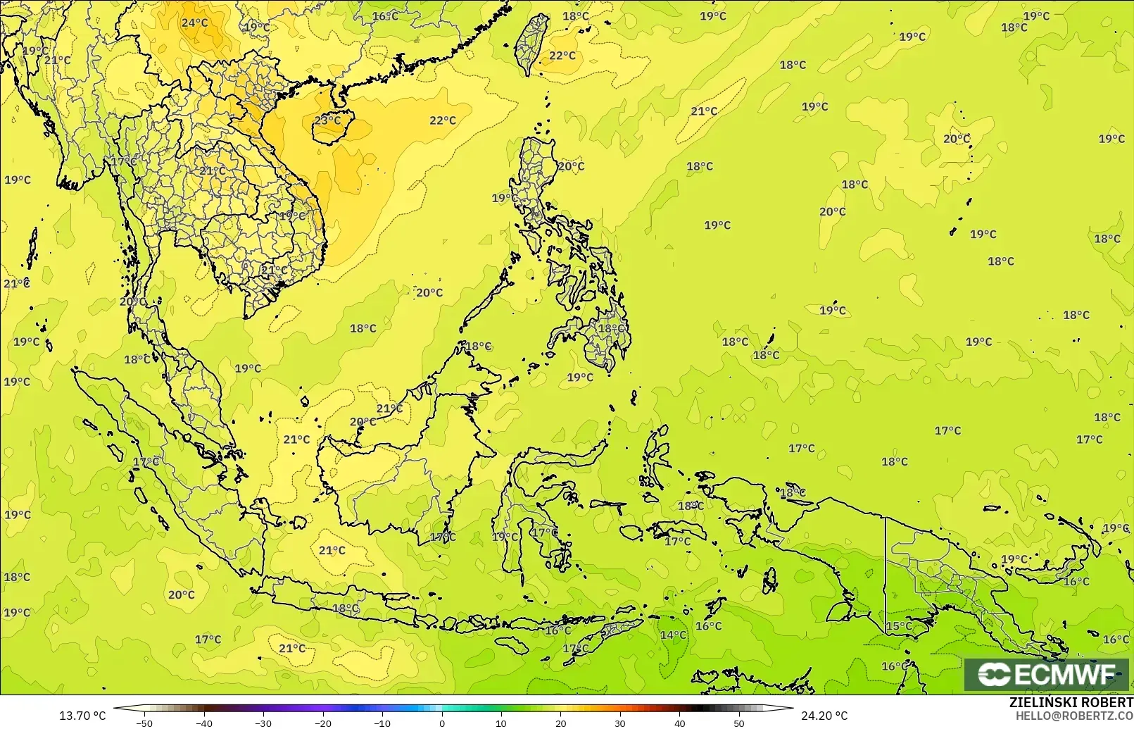ECMWF IFS 0.25° model - Güneydoğu Asya, 850 hPa Sıcaklık