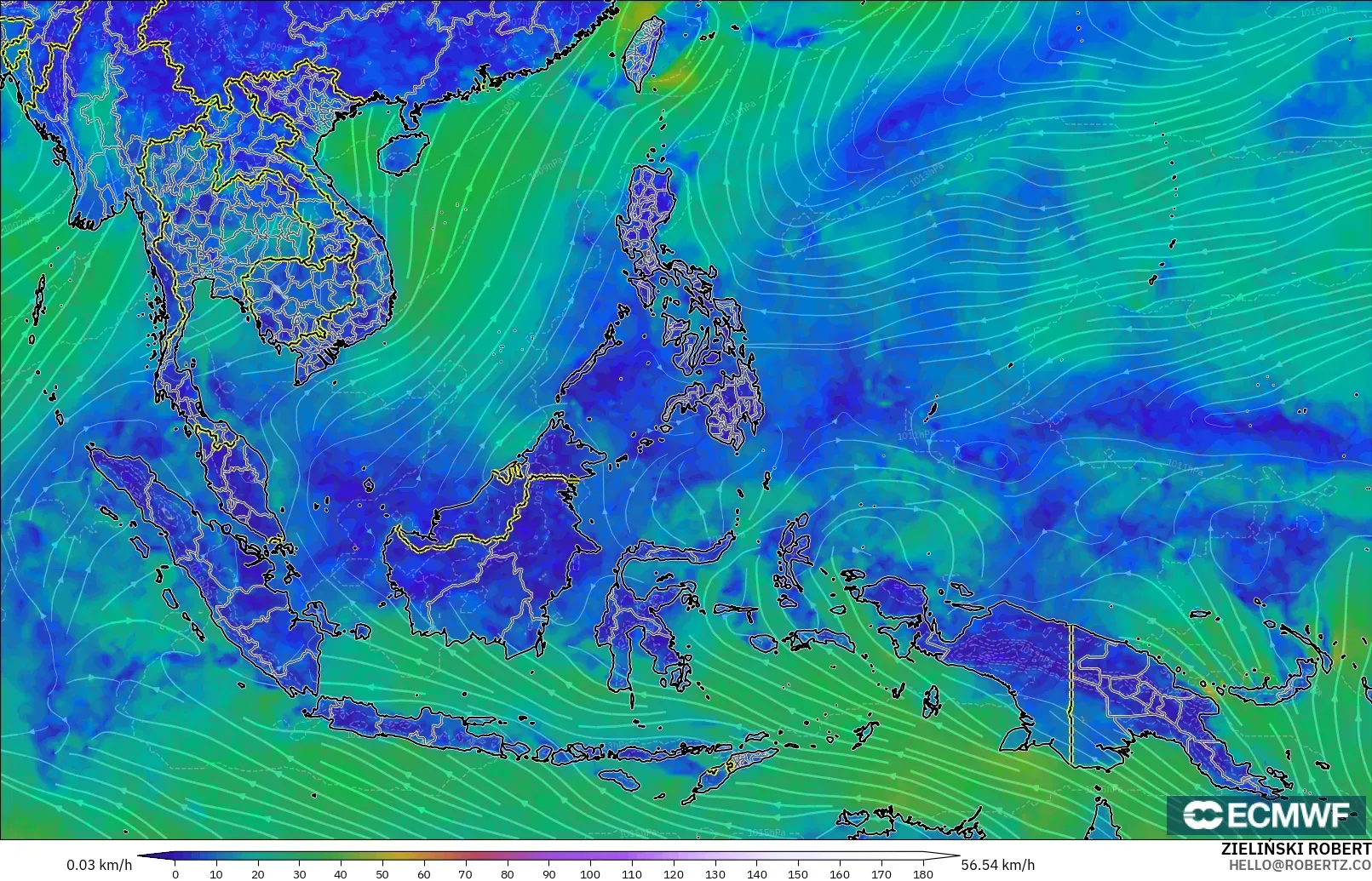 ECMWF IFS 0.25° model - Güneydoğu Asya, 10 m Rüzgâr