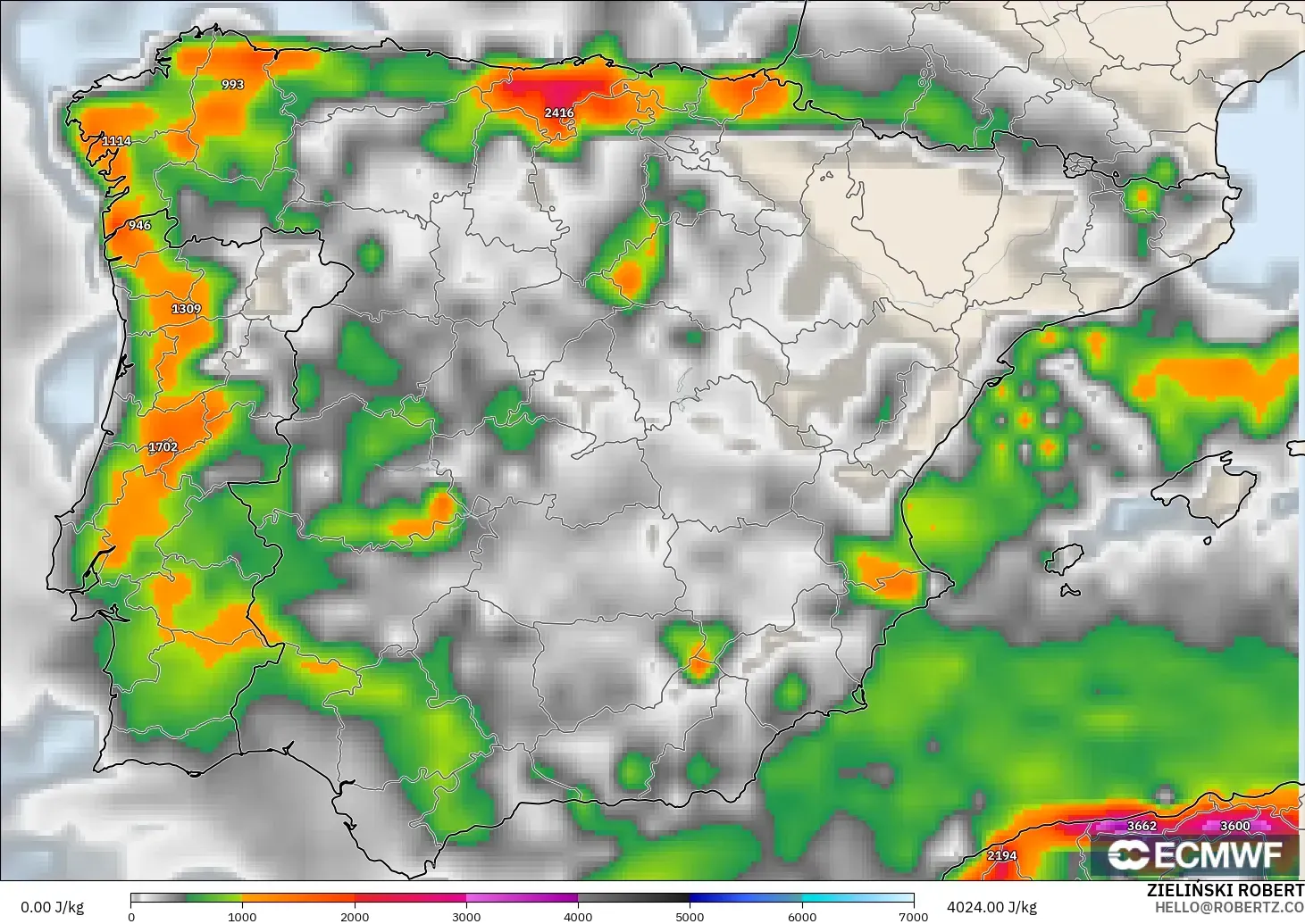 ECMWF IFS 0.25° model - İspanya, CAPE