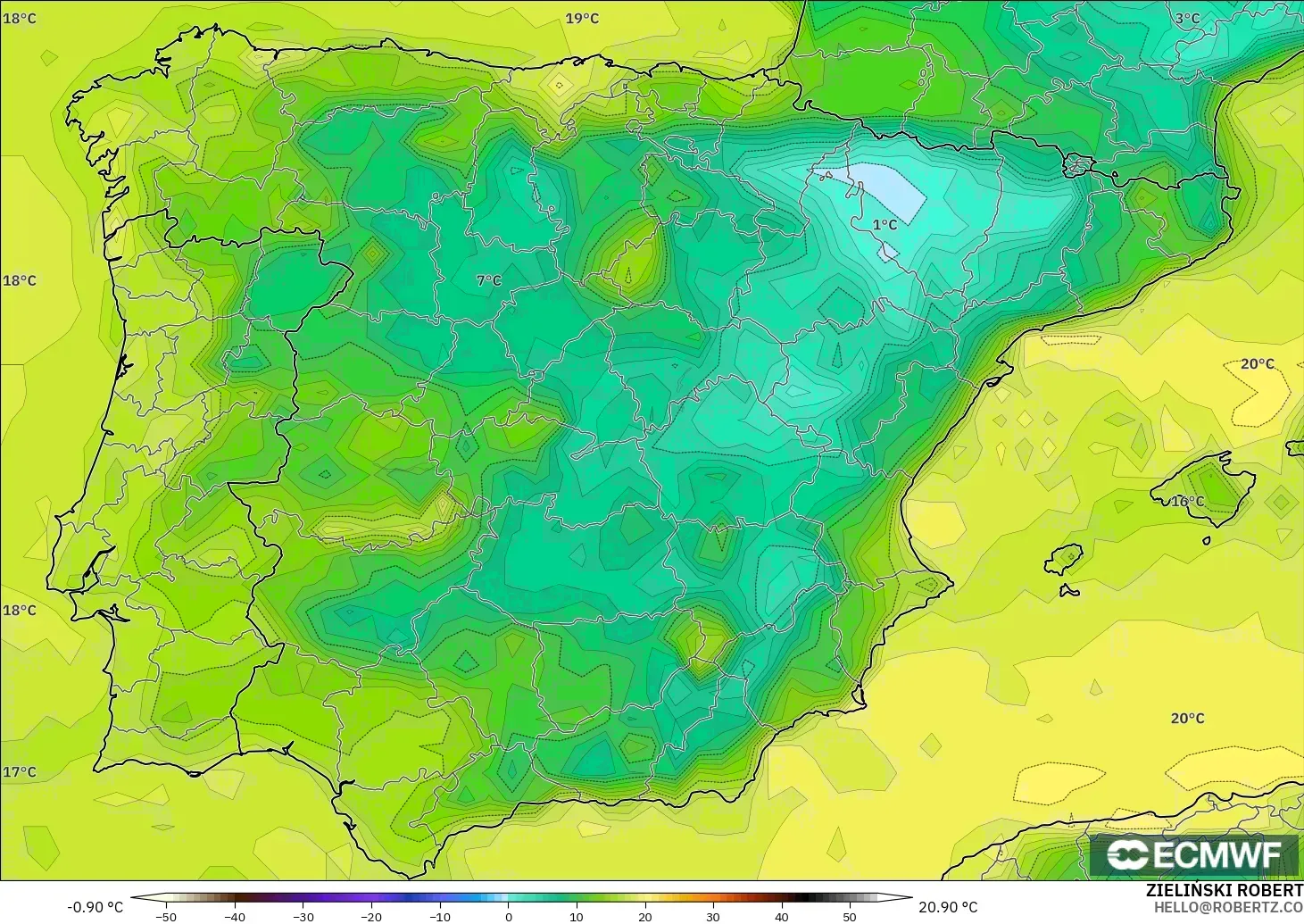 ECMWF IFS 0.25° model - İspanya, 2 m Çiy Noktası