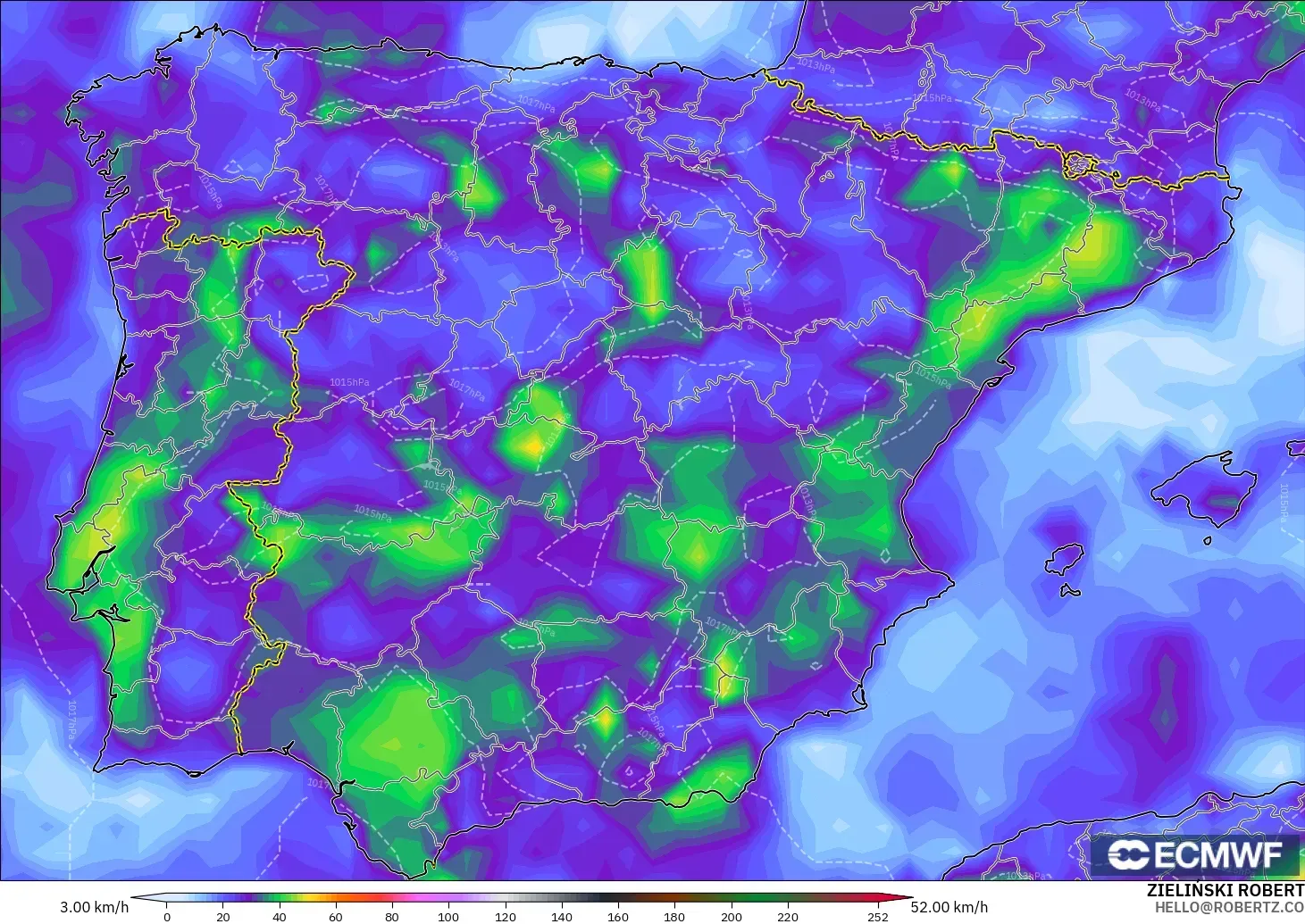 ECMWF IFS 0.25° model - İspanya, En Yüksek Rüzgâr