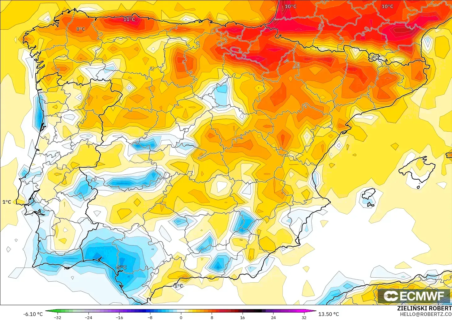 ECMWF IFS 0.25° model - İspanya, 2 m Sıcaklık Anomalisi