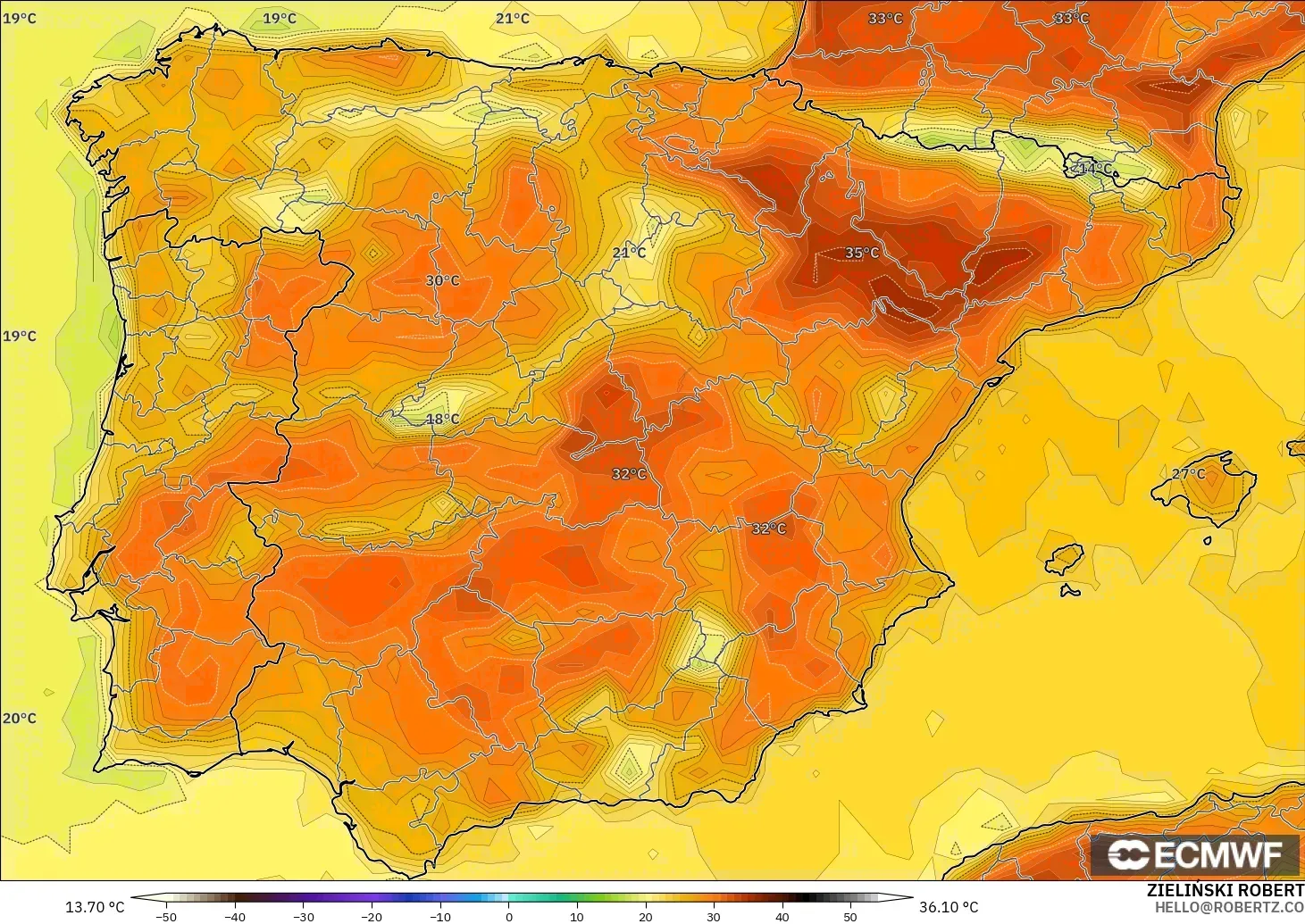 ECMWF IFS 0.25° model - İspanya, 2 m Sıcaklık
