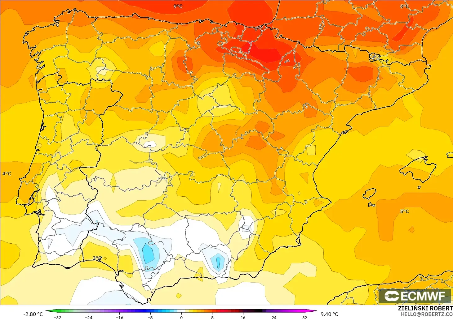 ECMWF IFS 0.25° model - İspanya, 850 hPa Sıcaklık Anomalisi
