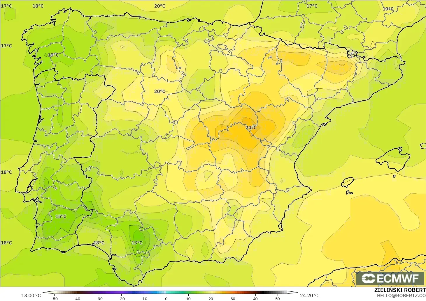 ECMWF IFS 0.25° model - İspanya, 850 hPa Sıcaklık