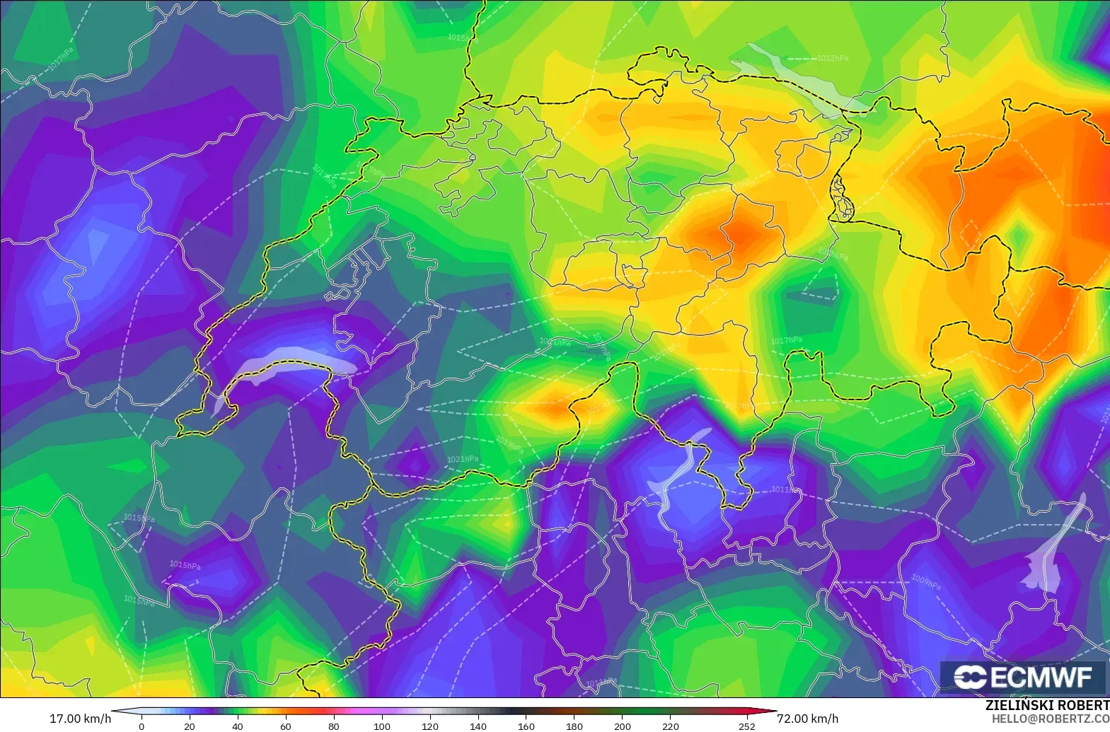 ECMWF IFS 0.25° model - İsviçre, En Yüksek Rüzgâr