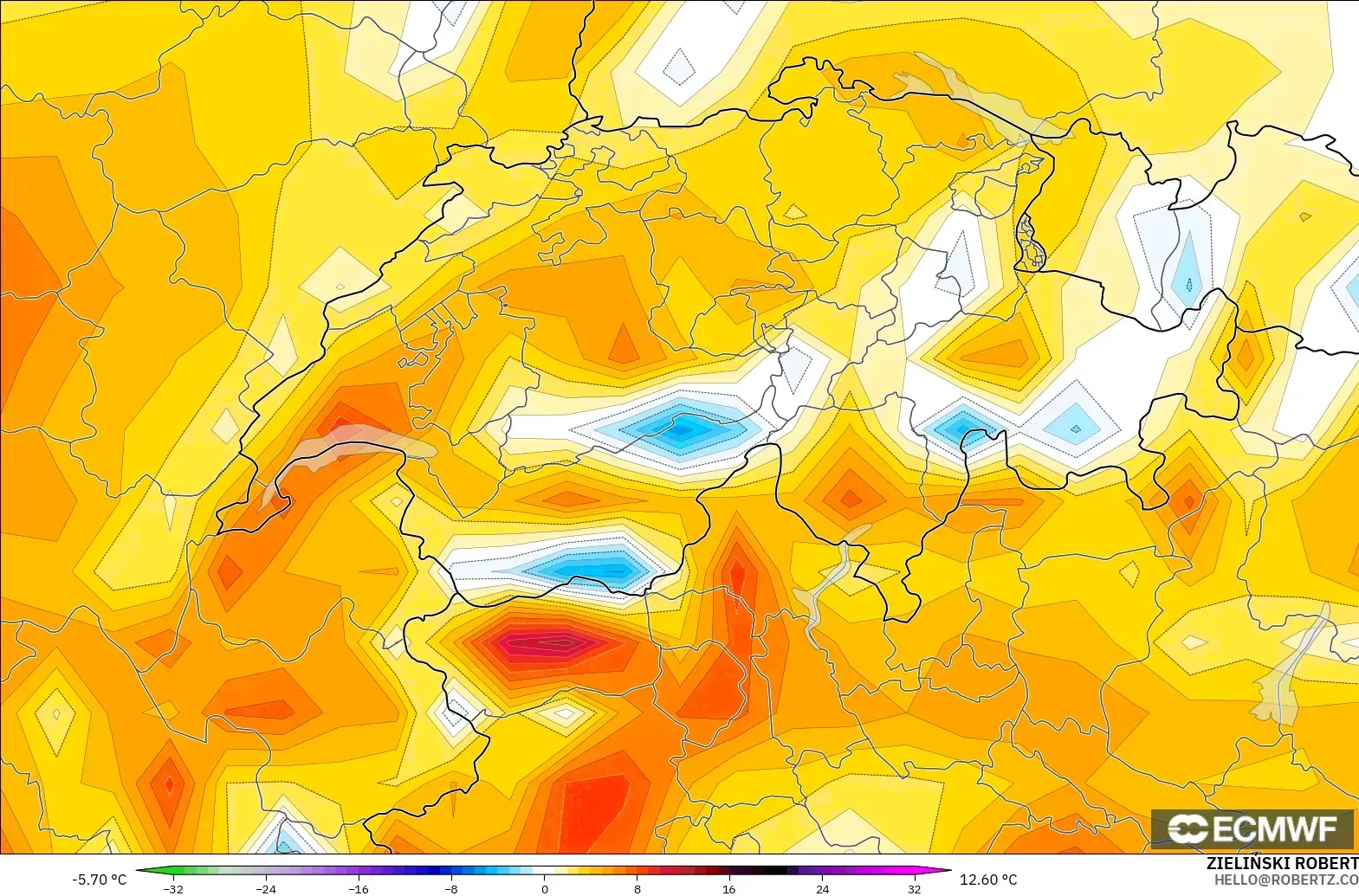 ECMWF IFS 0.25° model - İsviçre, 2 m Sıcaklık Anomalisi