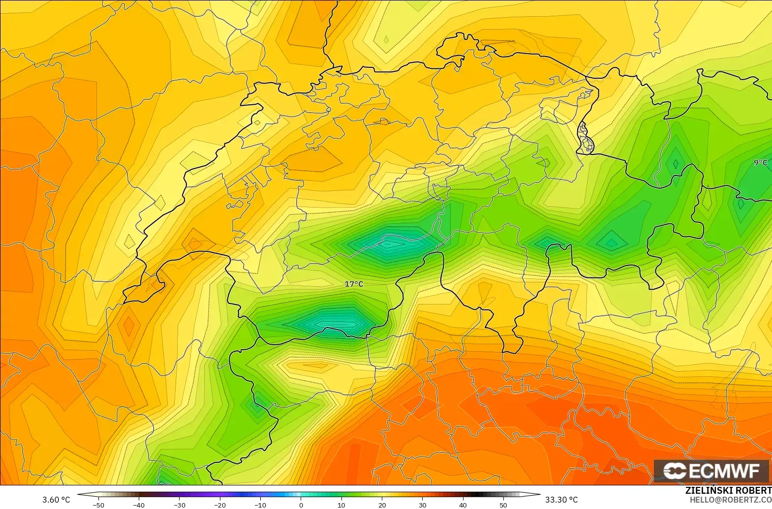 ECMWF IFS 0.25° model - İsviçre, 2 m Sıcaklık