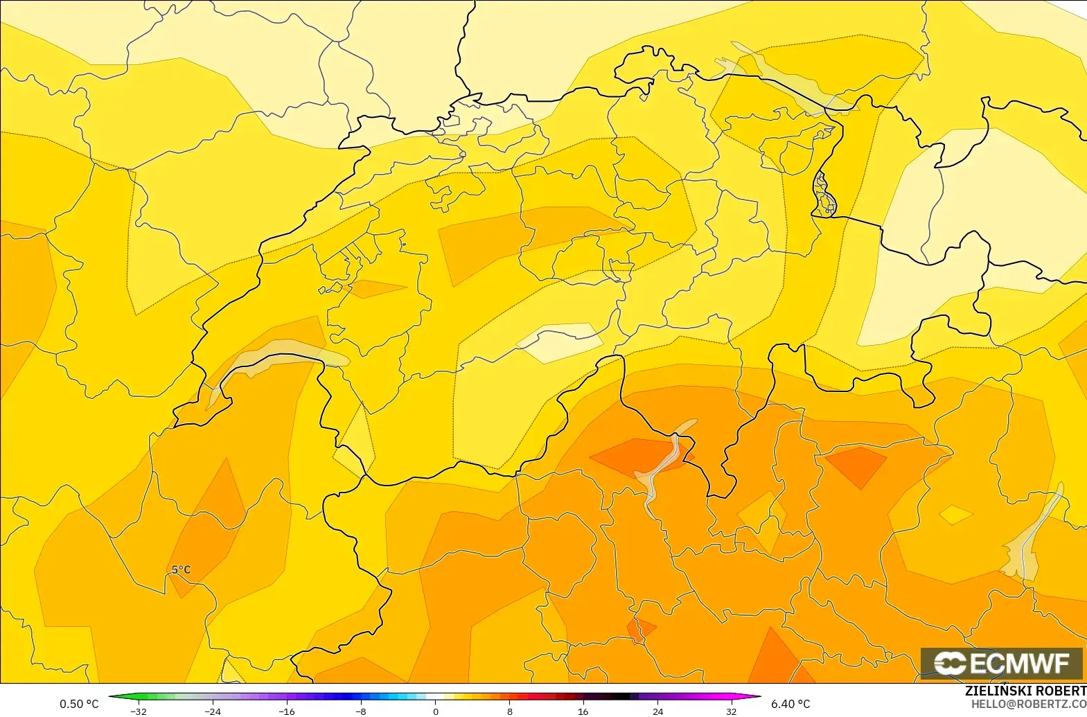 ECMWF IFS 0.25° model - İsviçre, 850 hPa Sıcaklık Anomalisi