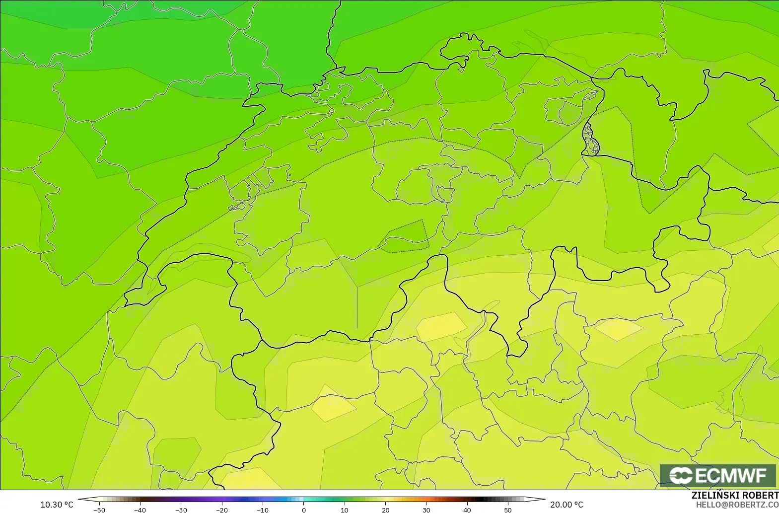 ECMWF IFS 0.25° model - İsviçre, 850 hPa Sıcaklık