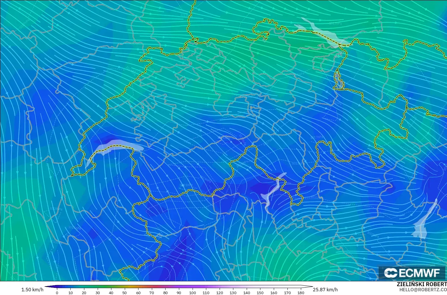 ECMWF IFS 0.25° model - İsviçre, 10 m Rüzgâr
